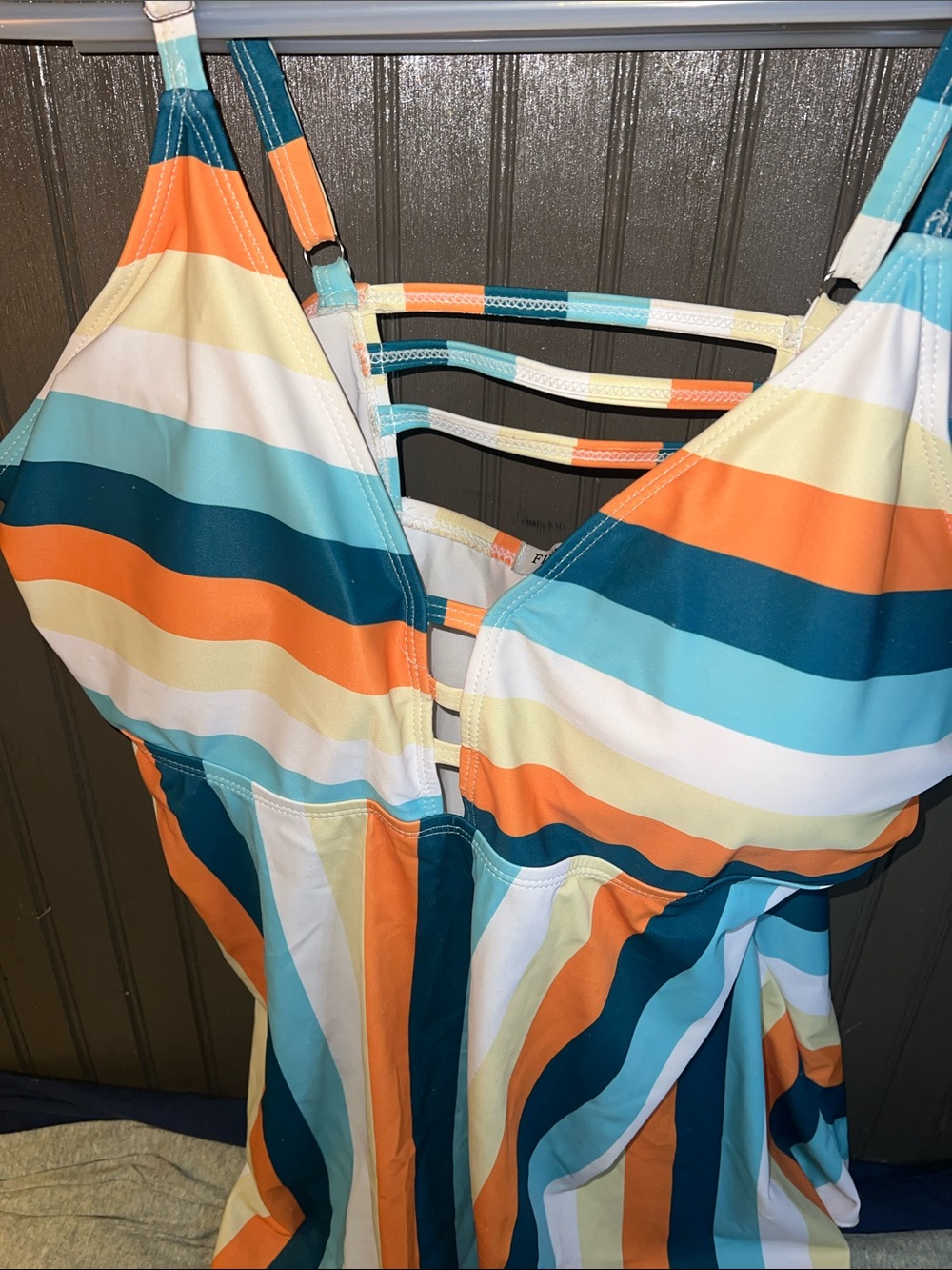Striped Two-Piece Tankini Swim Set in Teal, Orange, White & Baby Blue - Picture 2 of 6